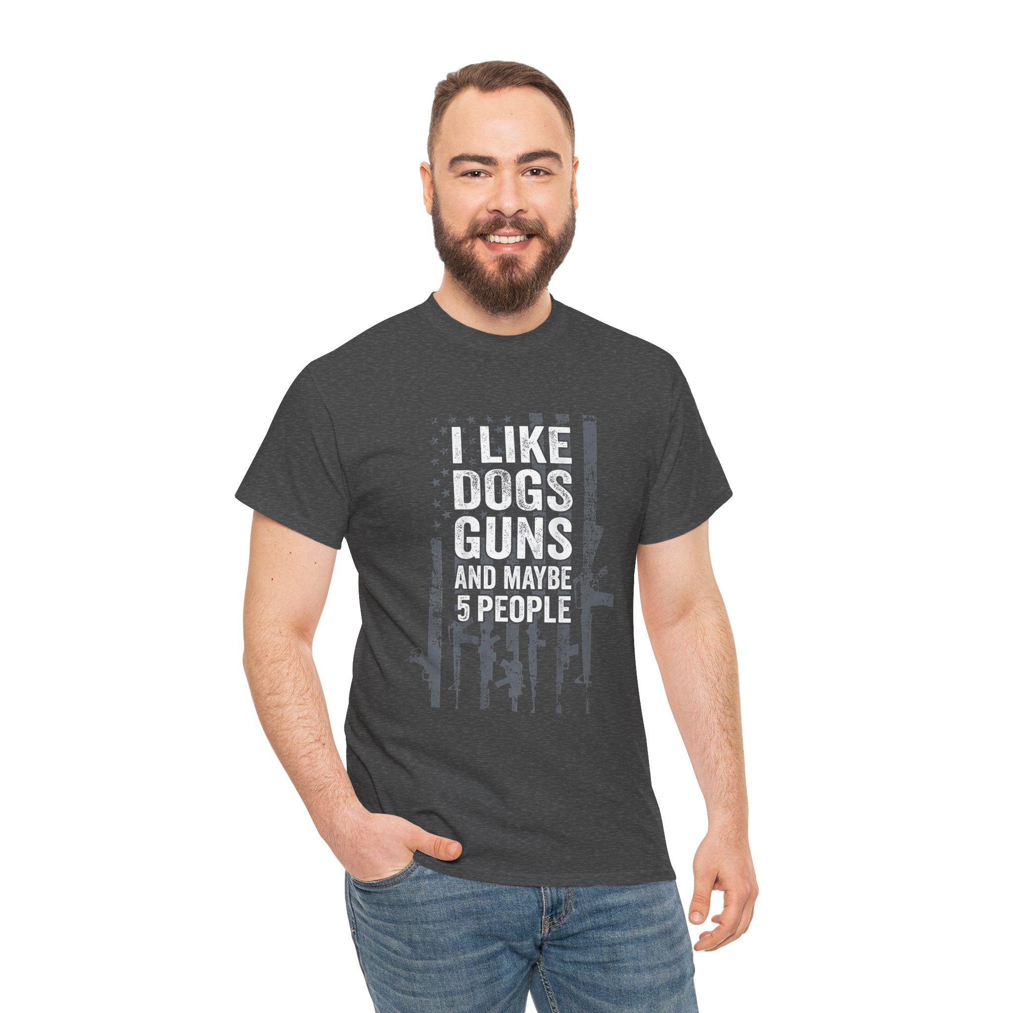 I Like Dogs, Guns and Maybe 5 People Tee — Distressed American Flag